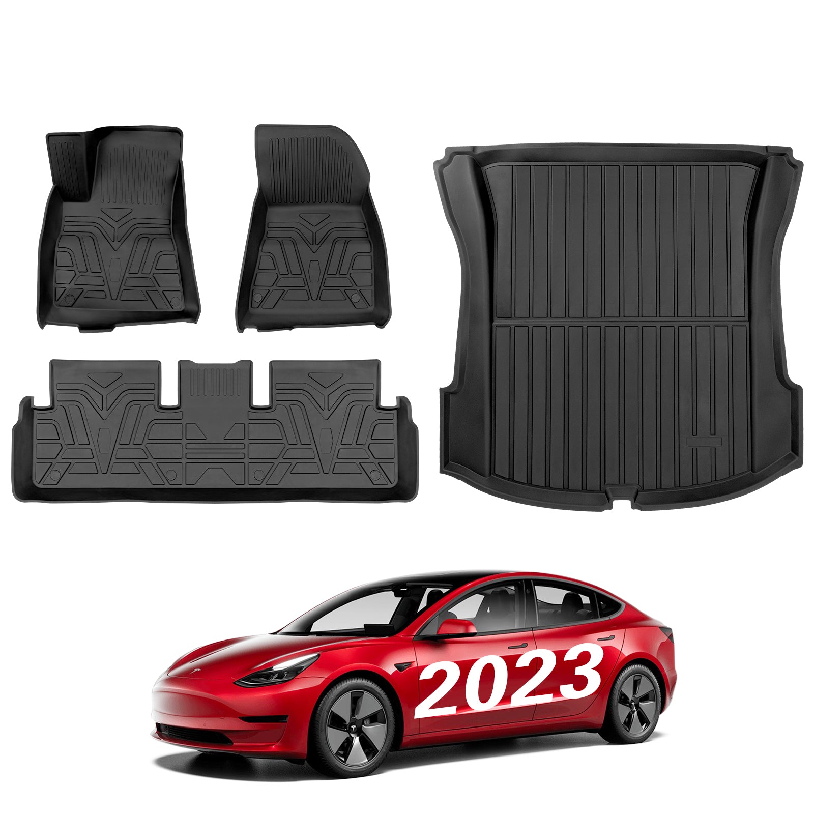 TAPTES 2023 2022 2021 Full Set Front Mats for Tesla Model 3 2021 2022 2023,  Premium All Weather Anti-Slip Waterproof Floor Liners Cargo Rear Trunk Mat