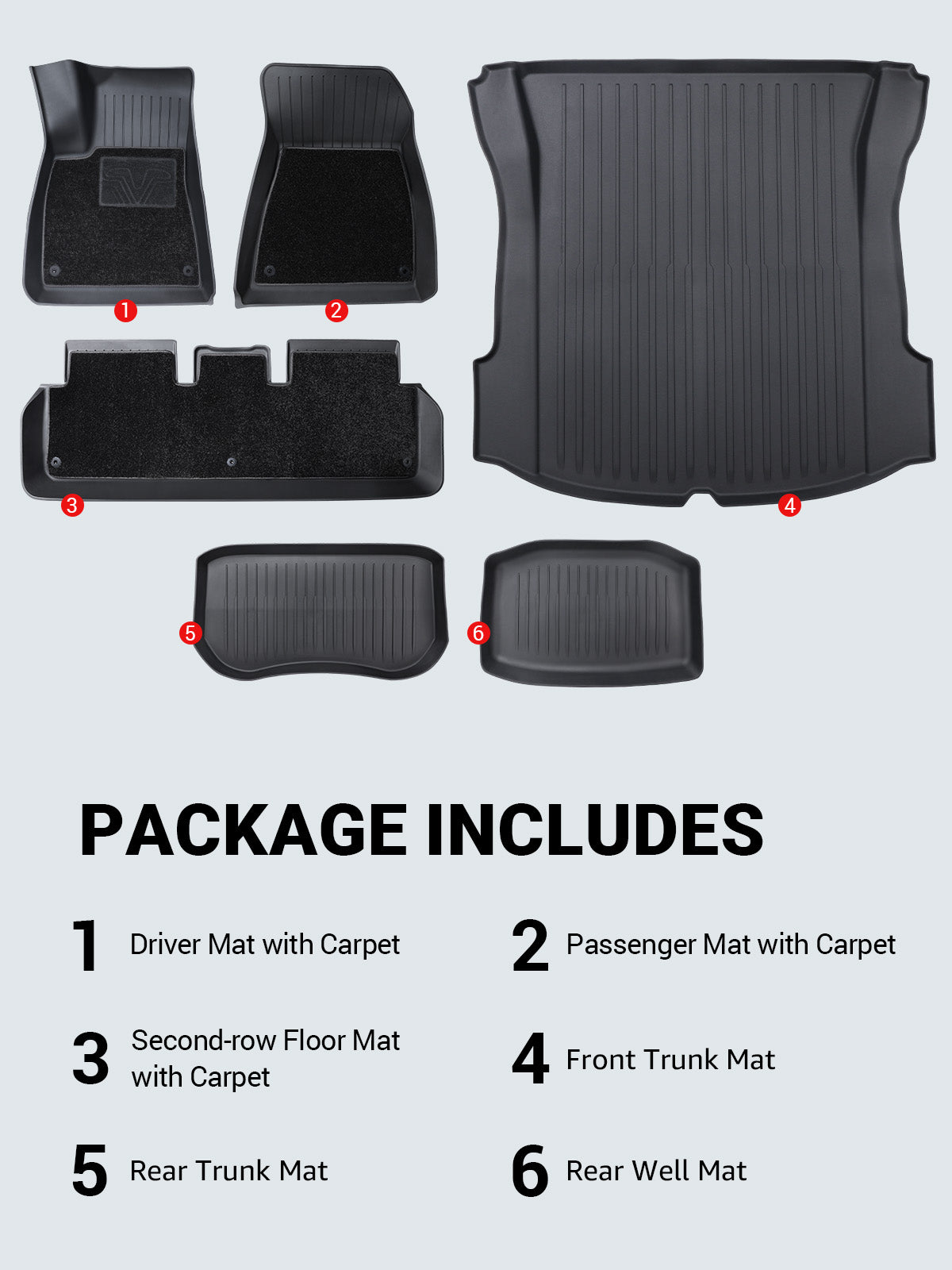 BASENOR Tesla Model 3 Floor Mats Set All Weather Waterproof TPE Floor Mat Removable Anti-Slip Carpet Interior Liners Front Rear Cargo Liner Model 3 Accessories 2017-2023 (6 PCS)