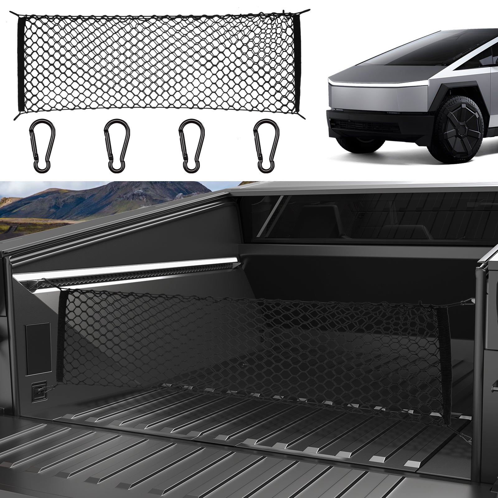 BASENOR Tesla Cybertruck 2024 Trunk Cargo Mesh Net for Pickup Truck Bed with Strong Metal Hook (Envelope-Style) Cargo Net Storage Organizer for Exterior Cybertruck Accessories