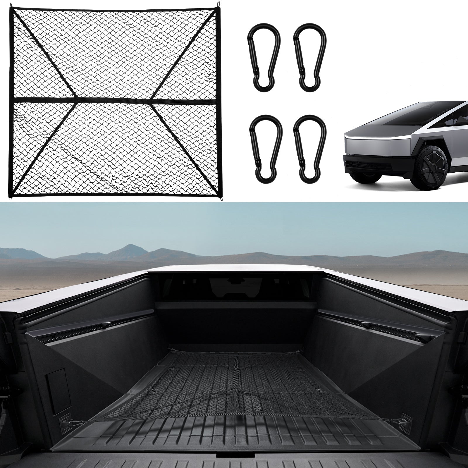 BASENOR Trunk Cargo Mesh Net for Tesla Cybertruck 2024 Stretchable for Pickup Truck Bed with Strong Metal Hook Exterior Accessories