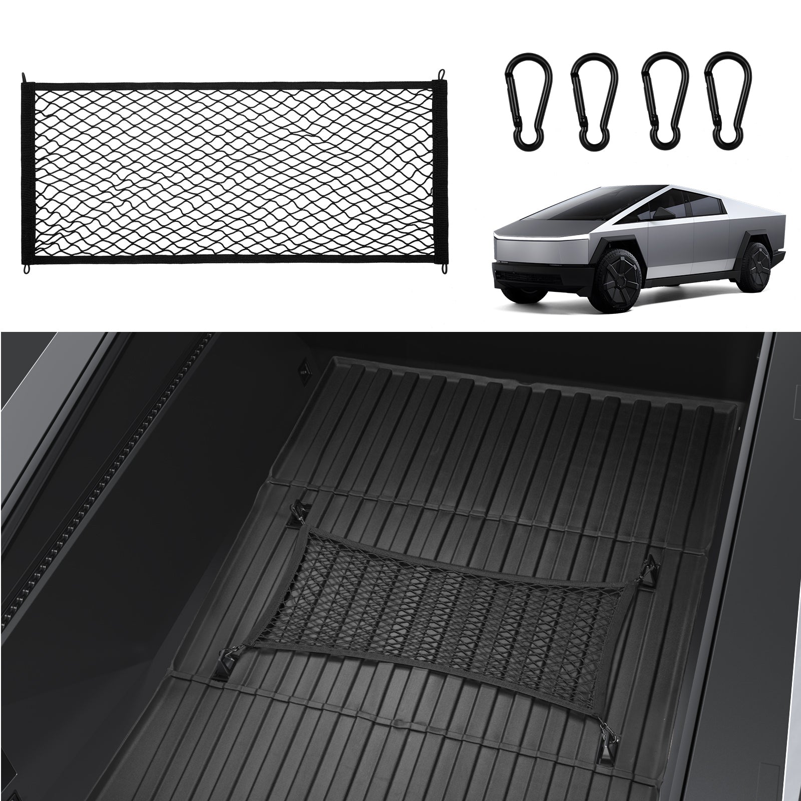 BASENOR Tesla Cybertruck 2024 Trunk Cargo Mesh Net for Pickup Truck Bed with Strong Metal Hook for Exterior Cybertruck Accessories