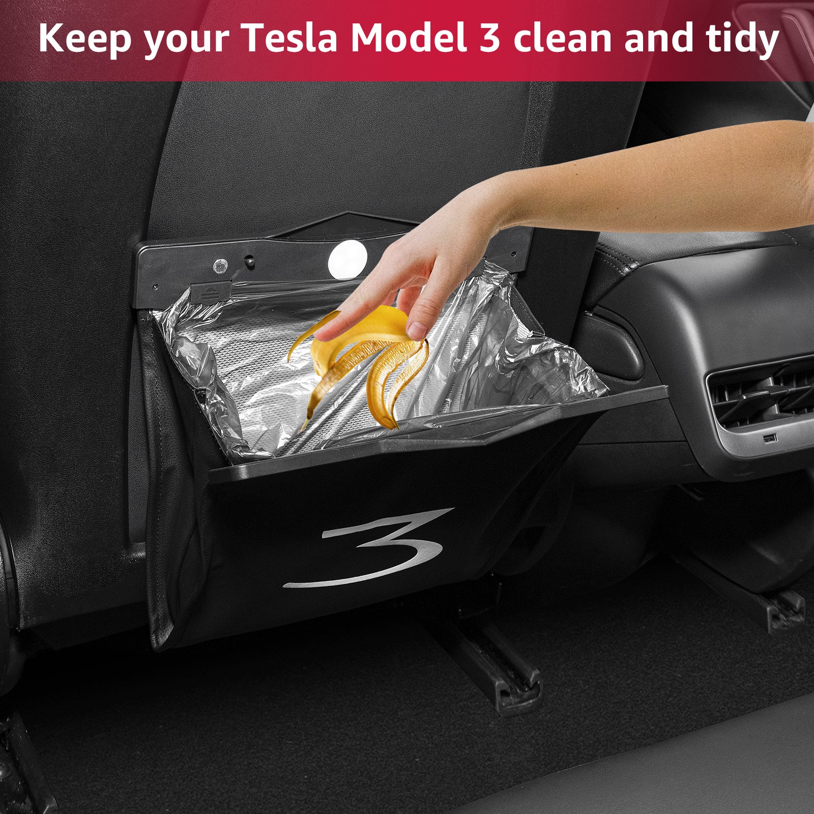 BASENOR PU Leather Garbage Bin with LED light for 2016-2023 Tesla Model 3