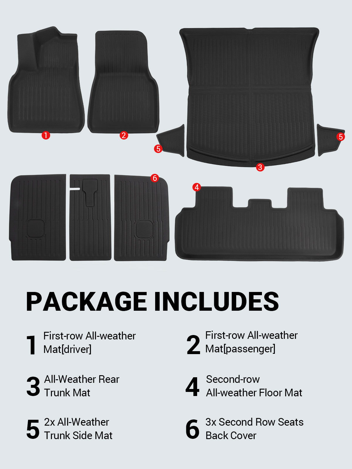 BASENOR 9PCS Tesla Model Y Floor Mats 3D Full Set Interior Liners All-Weather Anti-Slip Waterproof Trunk Mat Second Row Seats Back Cover Protector Mat Accessories