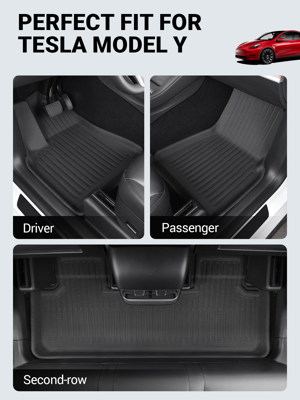 BASENOR 8PCS Tesla Model Y Floor Mats 3D Full Set Interior Liners All-Weather Anti-Slip Waterproof Frunk & Rear Trunk Mat Accessories for 5-Seat Model Y 2023 2022 2021 2020