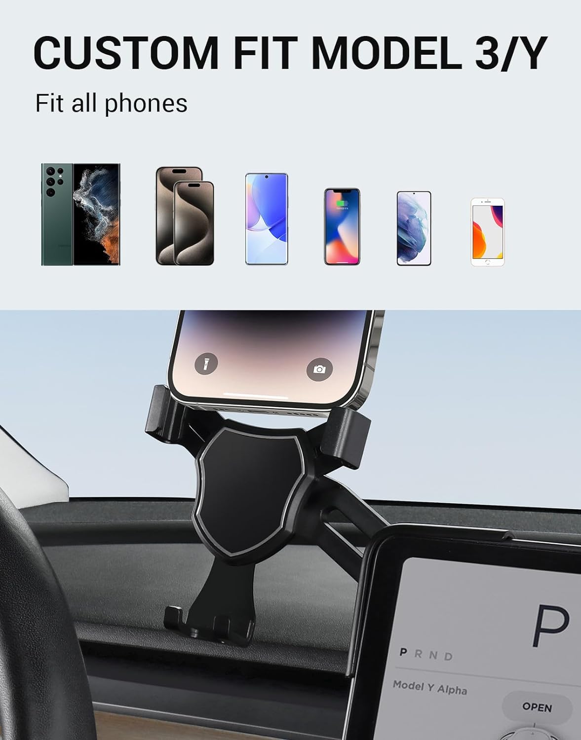 BASENOR Tesla Phone Mount Holder Model 3 Model Y Strong Adhesion 360° Adjustable Cell Phone Stand Tesla Interior Accessories Fit for All iPhone & Most Android (Not Fit 2024 Model 3)