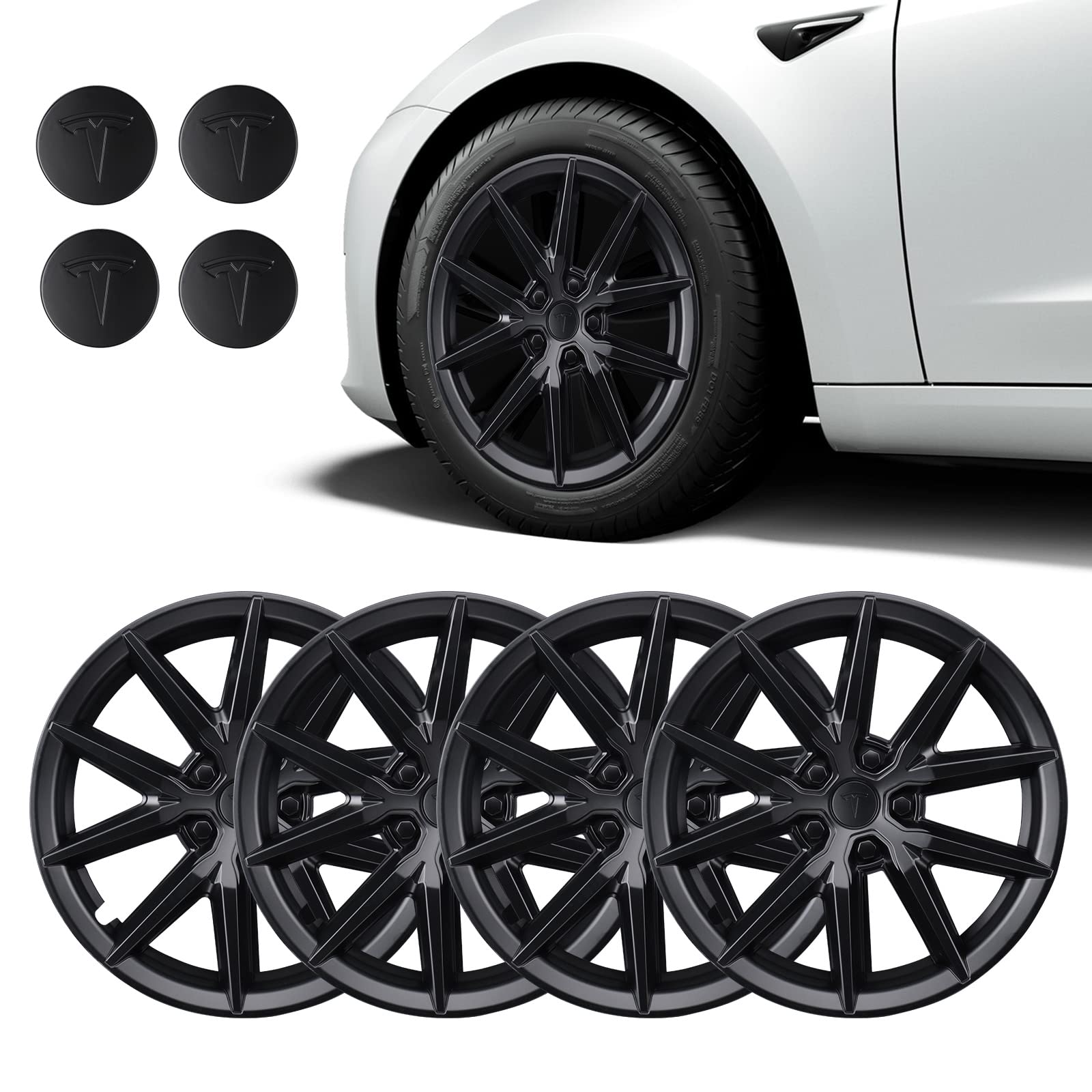 BASENOR Tesla Model 3 Wheel Cover 18 Inch Hubcap Wheel Hub Caps OEM Rim Protectors Cover Replacement Exterior Accessories Performance Upgrade (Set of 4) for 2017-2023