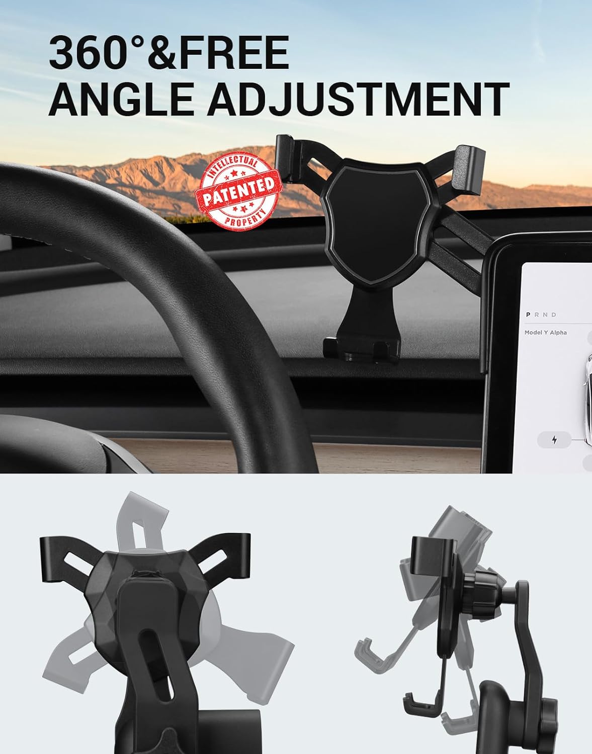 BASENOR Tesla Phone Mount Holder Model 3 Model Y Strong Adhesion 360° Adjustable Cell Phone Stand Tesla Interior Accessories Fit for All iPhone & Most Android (Not Fit 2024 Model 3)